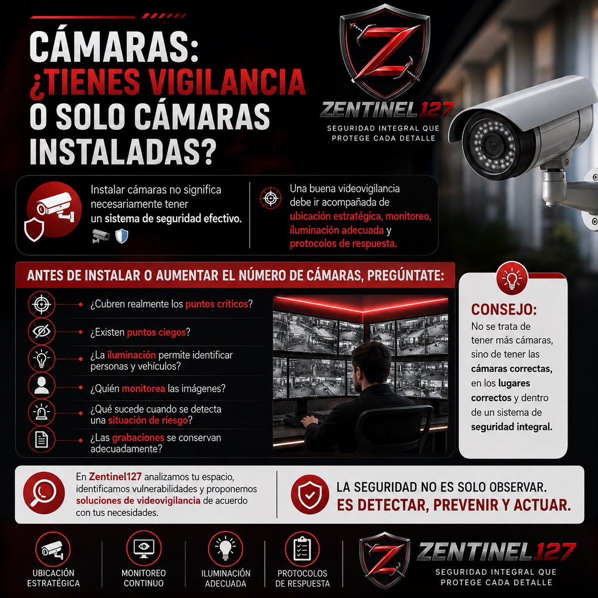 Zentinel127's tweet photo. 📹 ¿Tienes cámaras o realmente tienes vigilancia?

No se trata de tener más cámaras, sino de tenerlas en los lugares correctos, monitorearlas y saber cómo actuar.

#Zentinel127 #SeguridadIntegral #Videovigilancia #Seguridad #Prevención #Protección #CCTV #SeguridadPrivada https://t.co/MF1RXIaVLt