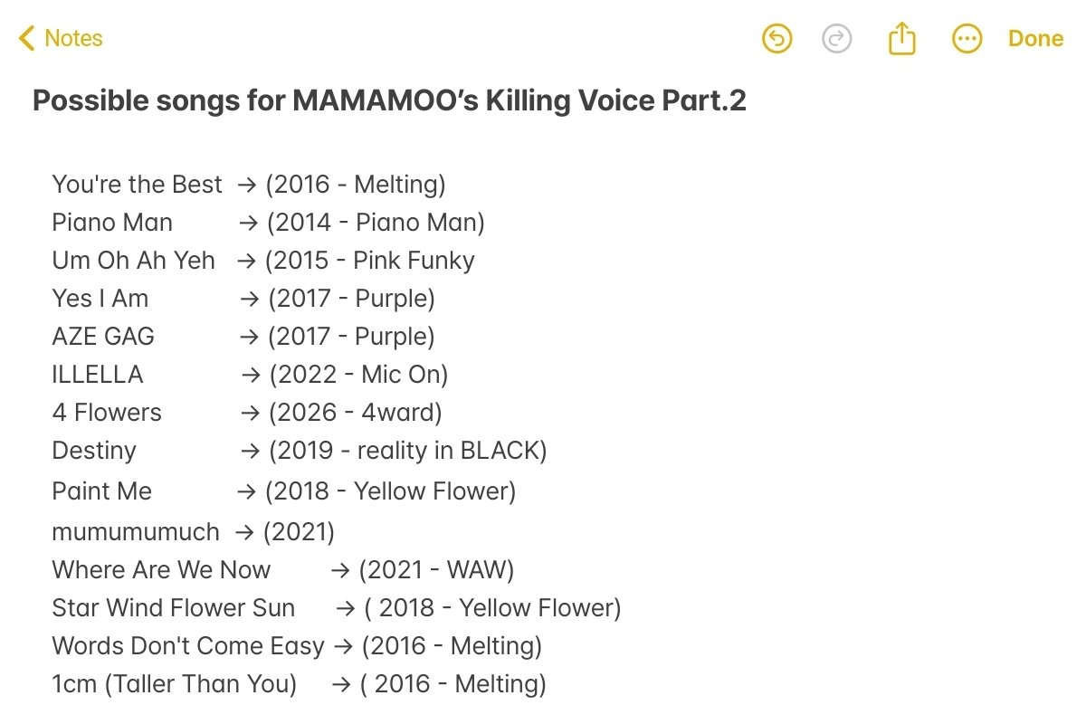 Lovaticmoomoo's tweet photo. I made my prediction list for MAMAMOO second 'Killing Voice' video! 

Also here's my idea for a special part.3... @dingo_official 

@RBW_MAMAMOO  #마마무 #MAMAMOO https://t.co/xlX5fxhgEy