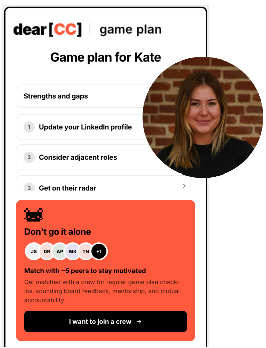 clarashih's tweet photo. The future of work post-AI should feel like opportunity, not anxiety. But for 2M recent grads today, it feels like hitting a brick wall.

That's why we built @dearcc_official Game Plan, a free job search community and mentoring app. It helps give entry-level jobseekers the AI skill set, mindset, and network you need to stand out and get hired.

Instead of blasting out your resume, hone in on what to fix, who to reach, and how to prepare for the new work economy. 

Try the beta or send to a young person you know: https://t.co/quAdIHo1lw

#careers #entrylevel #jobs #jobsearch #community