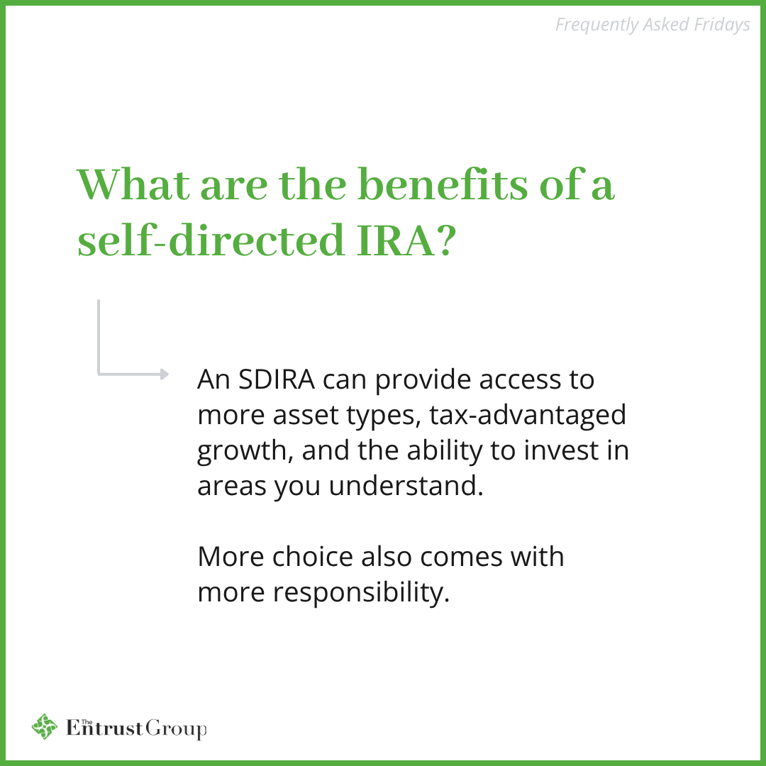 TheEntrustGroup's tweet photo. Frequently Asked Fridays: What are the benefits of an SDIRA?
More IRS-permitted asset choices, potential diversification, and the tax treatment of an IRA—all with more responsibility for due diligence and compliance. What should we answer next? https://t.co/PMWVK9WJ2u