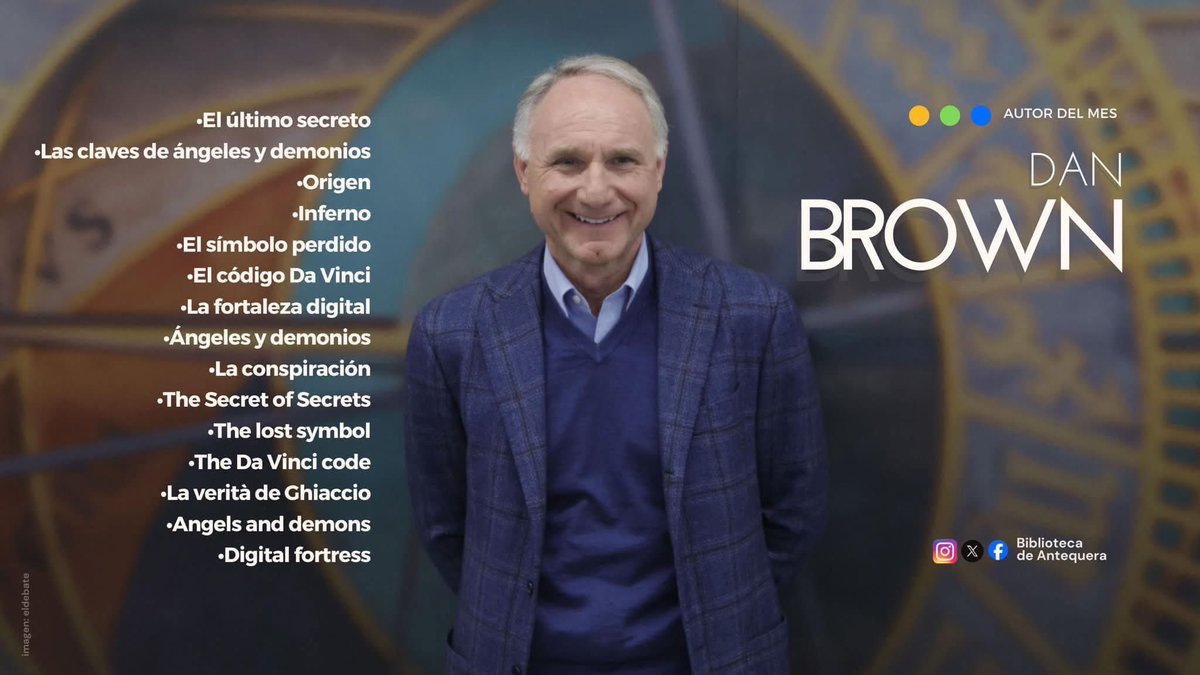 BibliotecaATQ's tweet photo. 👤#AutorDelMes
En la Biblioteca de #Antequera dedicamos el mes de #agosto a DAN BROWN

Novelista estadounidense célebre por sus tramas de misterio y suspense que conectan simbología secreta, arte clásico e historia

✔️ Títulos disponibles
Te atendemos hasta las 21.00h https://t.co/jy0tg7LYQu