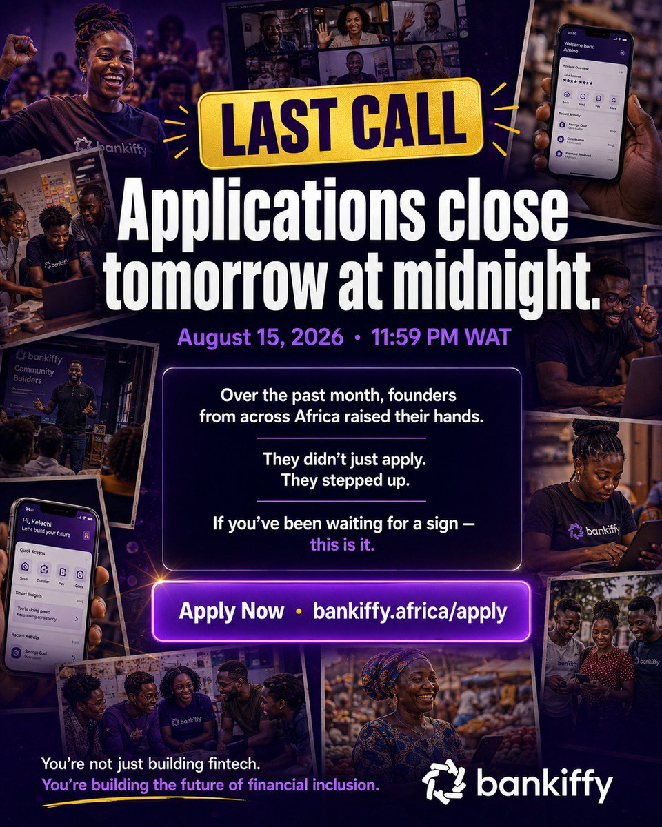 BankiffyBFA's tweet photo. 🚨 LAST CALL 🚨

Applications close TOMORROW at midnight (Aug 15, 11:59 PM WAT).

If you've been waiting for a sign to build your fintech — this is it.

Apply now → https://t.co/vfzOZWGCOm https://t.co/Drl3zKcrTH