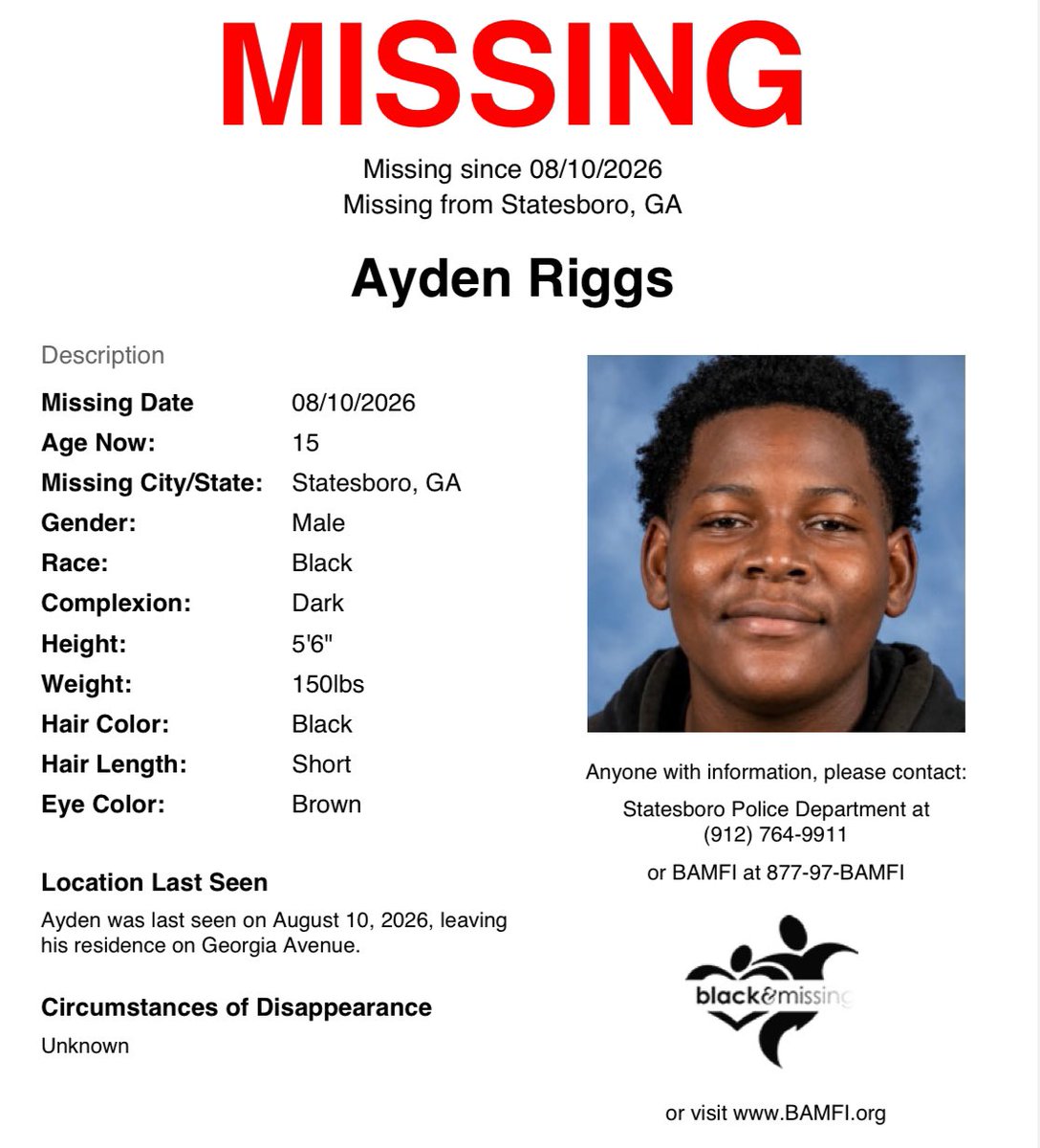 BAM_FI's tweet photo. #FindingFriday: #Statesboro, #GA: 15y/o Ayden was last seen on August 10, leaving his residence on Georgia Avenue, wearing a black shirt, black pants, and carrying a teal blue backpack.
Have you seen him?
Please SHARE to #HelpUsFindAydenRiggs #AydenRiggs #HelpUsFindUs https://t.co/JM2lY9F24r