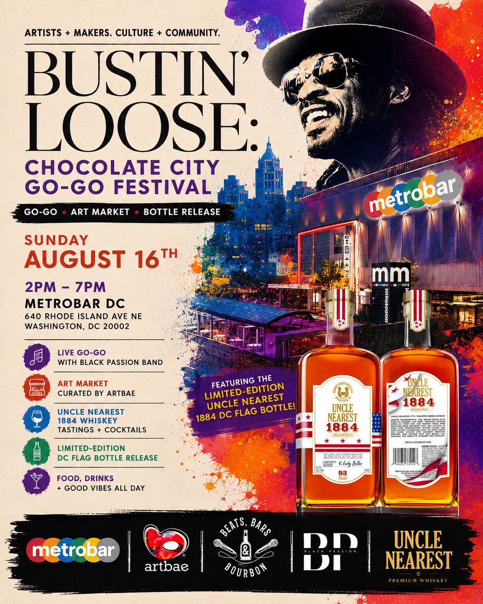 metrobardc's tweet photo. Celebrate DC this Sun 2-7p at BUSTIN’ LOOSE: CHOCOLATE CITY FEST at #metrobardc!
🎨 @ArtbaeOnline Market
🥁 Go-Go from Black Passion Band
🥃 @UncleNearest Linited-Ed. DC bottle release.
Come for the art. Stay for the Go-Go. Raise a glass to Chocolate City!
https://t.co/PwD794JI4X https://t.co/U1FEXkrEGy
