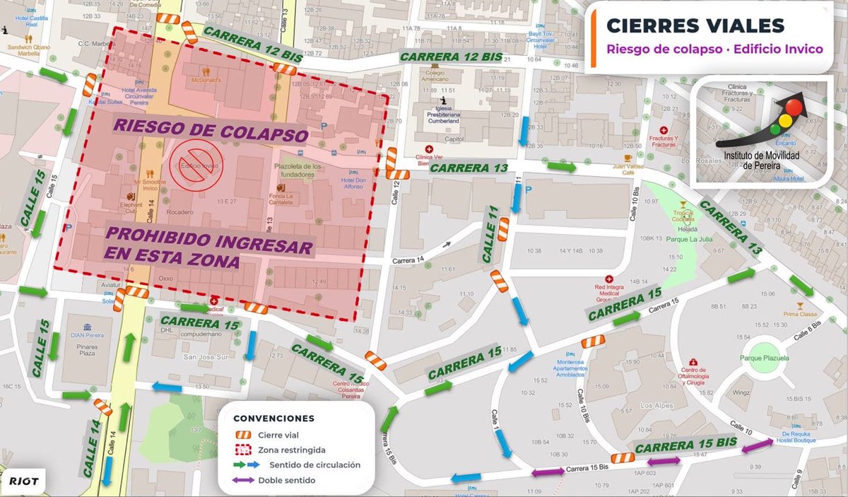Alcaldiapereira's tweet photo. 🚨 RIESGO DE COLAPSO

PROHIBIDO EL INGRESO A LA ZONA EN EL SECTOR INVICO 

Por alto riesgo de colapso, queda estrictamente restringido el ingreso de peatones, vehículos y motocicletas, entre la calle 10 hasta la calle 15 y la carrera 12 hasta la carrera 15. https://t.co/g4iejgnYeK