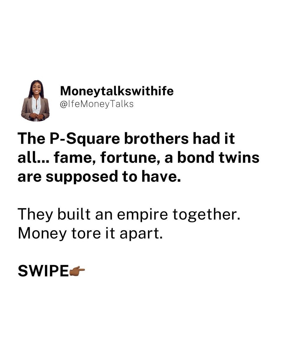 IfeMoneyTalks's tweet photo. Can family, friends, and money really mix?
The P-Square story shows how money and business can change even the strongest relationships.
Have you ever seen money affect a relationship?
#MoneyTalksWithIfe #FamilyAndMoney #FinancialBoundaries https://t.co/t3dKRArYgC