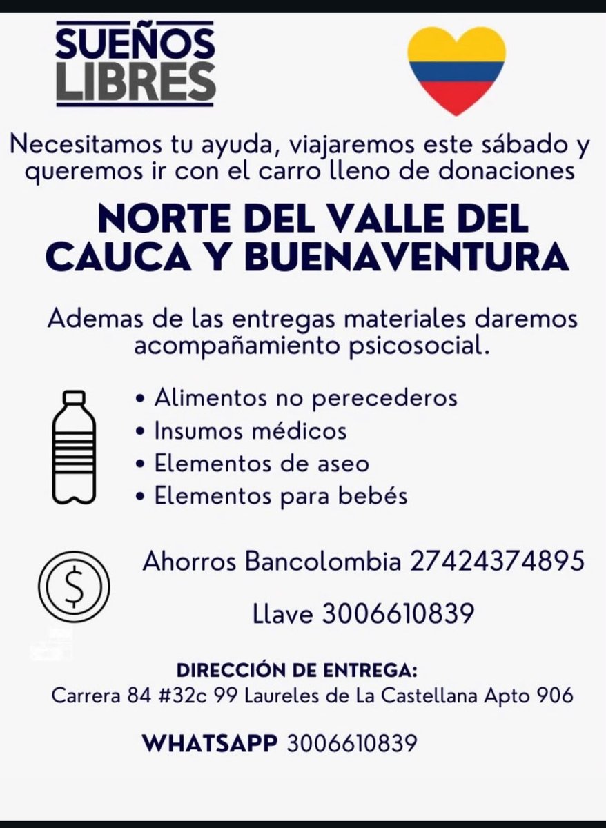 Sebastian_CM97's tweet photo. Estaré viajando en compañía de algunas personas al Valle del Cauca, específicamente a Roldanillo, La Unión, Buenaventura y Cali con un furgón cargado de esperanza y amor. Tenemos hasta el sábado al medio día para llenar ese vehículo  y llevarle un poco de esa esperanza a la gente https://t.co/9MjXgC4cNr