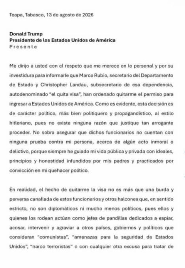 epigmenioibarra's tweet photo. Tiene razón @Claudiashein el retirar la visa a Andrés Manuel López Beltrán  - a quien mandó un abrazo fraterno y solidario- una acción político-ideológica para tratar de inclinar la balanza electoral a favor de la derecha delincuencial mexicana. Aquí la carta que Andrés envió a Donald Trump.