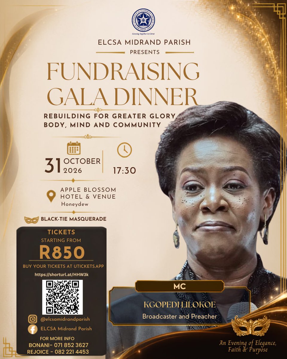 ElcsaMidrand's tweet photo. 🎉 GALA DINNER UPDATE 🎉
We are delighted to welcome our MC, Ms Kgopedi Lilokoe, Broadcaster &amp; Preacher 🎤✨
She��ll be leading us on a night of faith, elegance &amp; impact.
Tickets from R850 🎟️https://t.co/AGc5kcwS69🎟️
Every ticket builds. 🧱
#ELCSAMidrand #Fundraiser #GalaDinner https://t.co/PiN4Veh11J