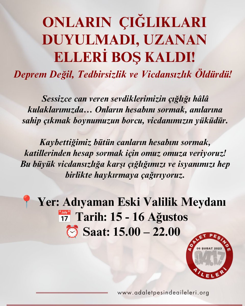 Adaletpesindea's tweet photo. 6 Şubat 2023…

Onların çığlıkları duyulmadı.
Uzanmış elleri boş kaldı.

Şimdi de onlar için istediğimiz adaletin sesi duyulmuyor.
Ölümlerine sebep olanlar, sorumluluğu bulunanlar hesap vermiyor.

Ama biz susmayacağız.
Onların yarım kalan sesini, uzanıp boşlukta kalan ellerini unutmayacağız.

Gel, birlikte direnelim.
Gel, onlar için adalet isteyelim.

Çünkü adalet, kaybettiklerimize borcumuzdur.