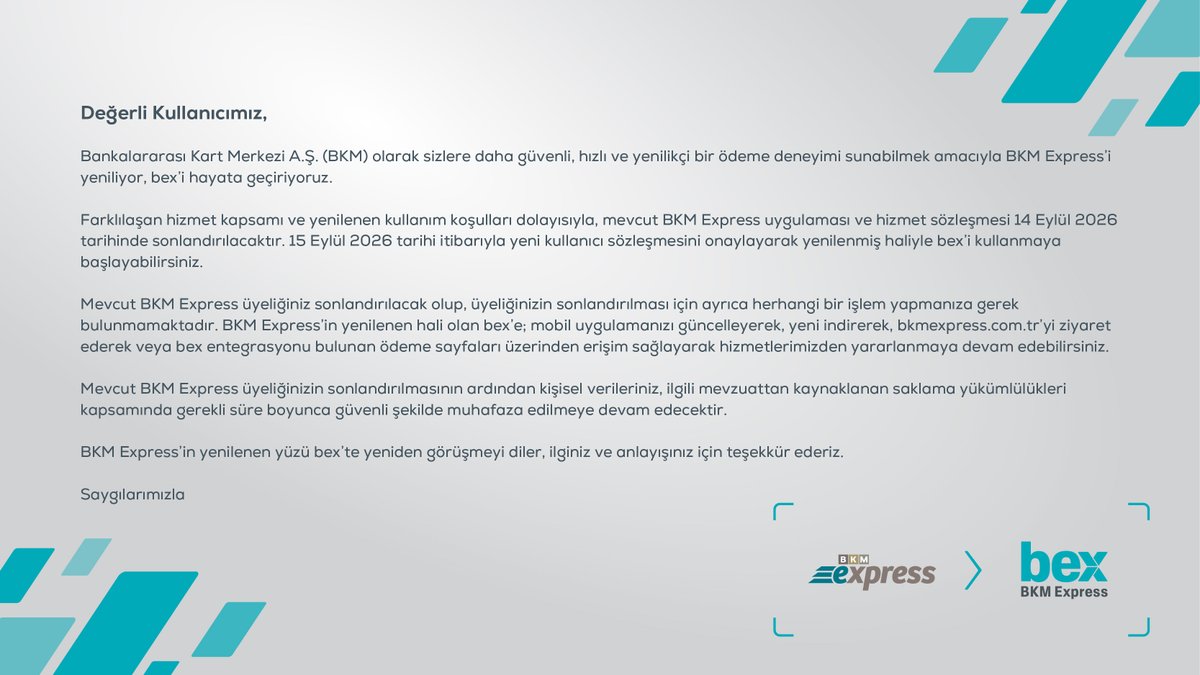 BKMExpress's tweet photo. BKM Express'in bex Olarak Yenilenmesi Hakkında Bilgilendirme 📢 

#BKMExpress #bex https://t.co/9QPTpYZvPQ