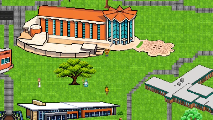 A Valpo FutureQuest game screencap depicting several characters in front of an 8-bit version of the Valparaiso University Chapel of the Resurrection.