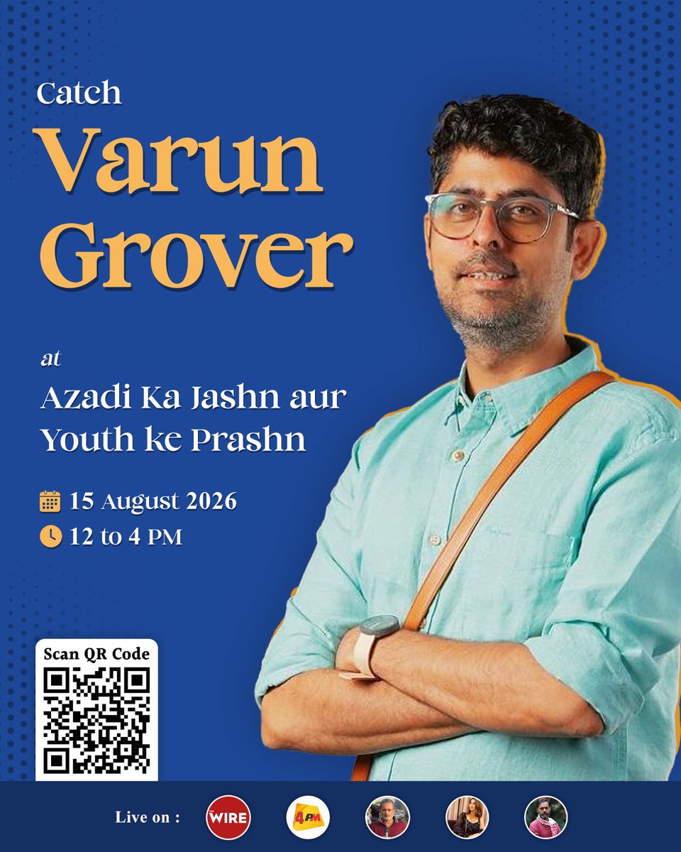 _YogendraYadav's tweet photo. Azadi ka Jashn aur Youth ke Prashn!
Celebrate Voices of the Youth with the voice of Varun Grover.
15th August | 12:00 PM - 4:00 PM
#MeriAzadi @varungrover https://t.co/ef0DjF4Rxm