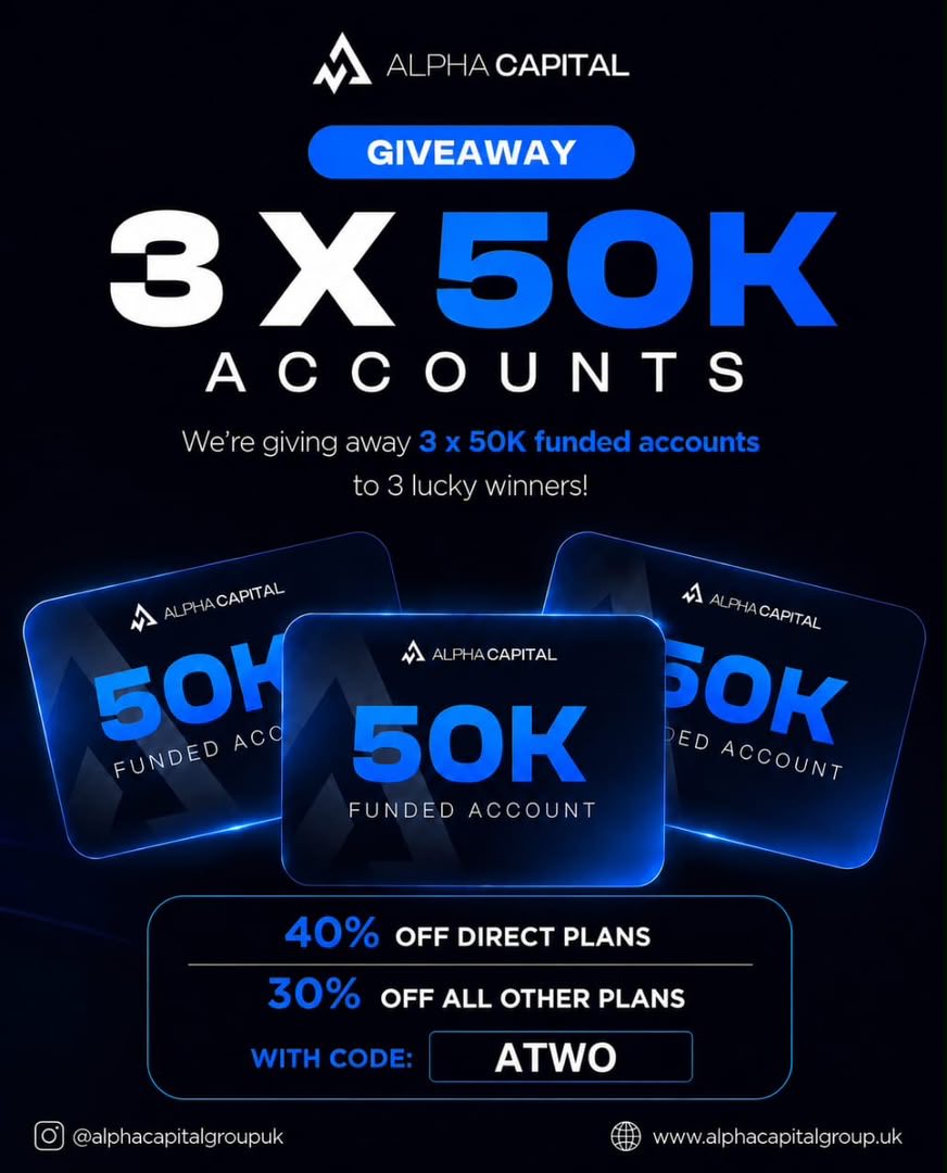 atwofgo's tweet photo. HERE WE GOO!!

🎁 GIVEAWAY 🎁 

Let’s celebrate my partnership with @AlphaCapitalUK  with a 3X$50,000

To Enter:
🔹Follow @AlphaCapitalUK @atwofgo 

🔹Like, Repost & Tag 3 traders.

🔹 Engage in the quoted post. 

🔹 Don’t forget to use ATWO50 For 50% OFF discount 

🔹Join My Discord 
https://t.co/ubmvLjM5du

Winners in 7 days