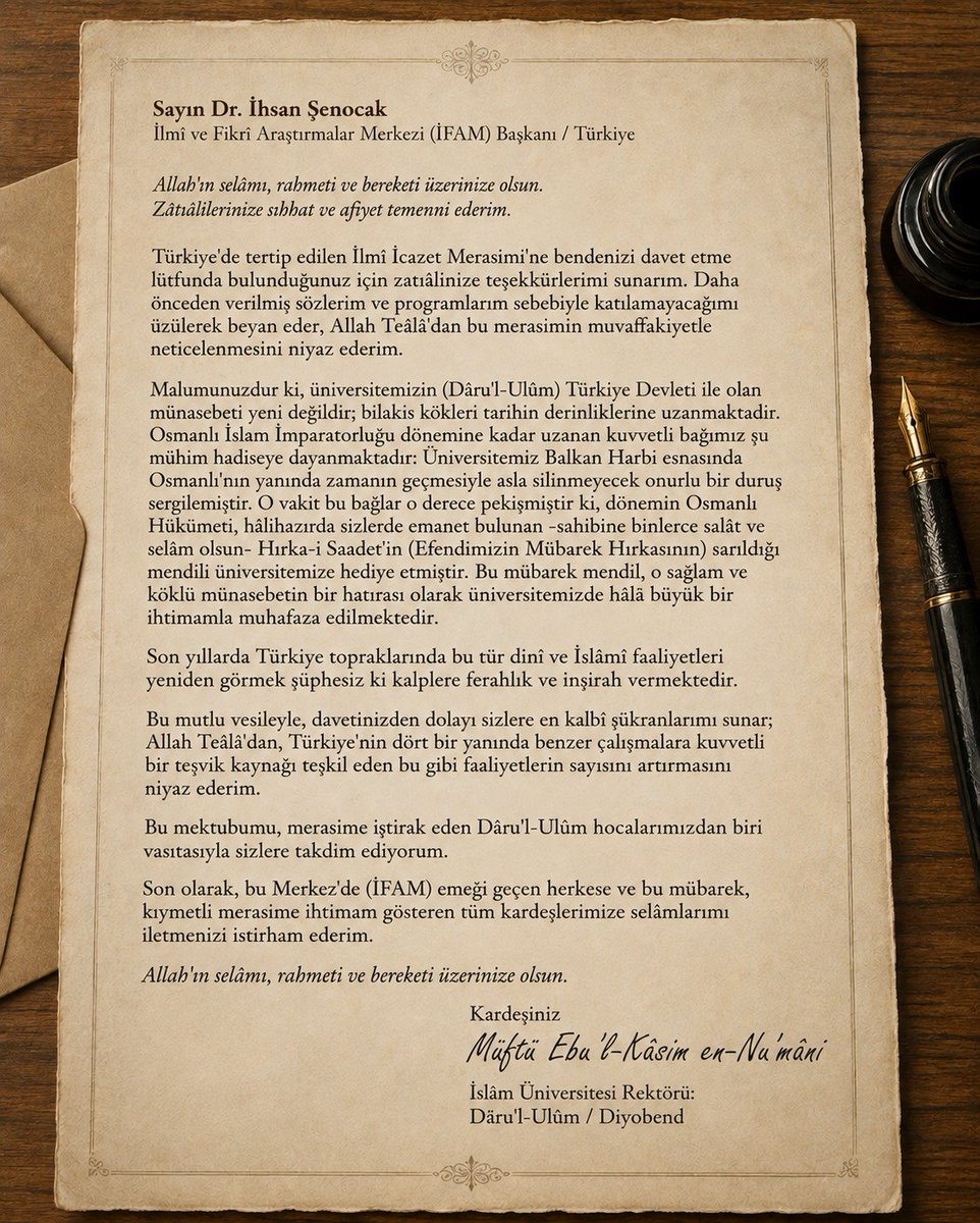 MuratBilikli's tweet photo. Diyobend Dâru'l-ulûm İslam Üniversitesi Rektörü Müftî Ebu'l-Kâsım en-Nu'mânî'nin, kendilerini icazete davet eden İhsan hocamıza(@ihsanhocaresmi)cevaben Hadis Bölümü Başkanı Selmân el-Mansurpûrî ile gönderdiği nezaket ve muhabbet dolu mektup. https://t.co/Q403Xjktne