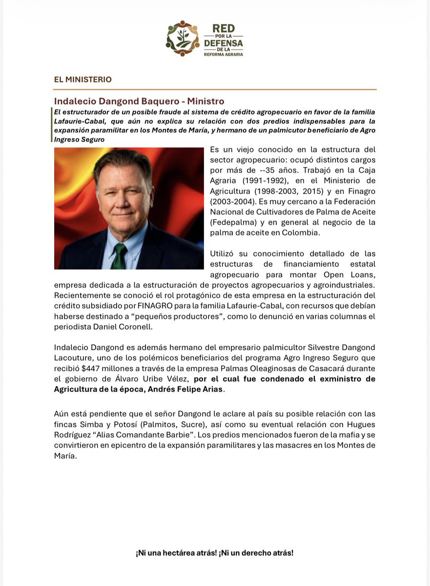 RedAgrariaCol's tweet photo. #BoletínAgrario 🚨 | Para sorpresa de NADIE, LOS DE SIEMPRE vuelven a tomar el sector agropecuario durante el gobierno de De La Aspriella. 

Varios de los nuevos nombramientos tienen vínculos directos o familiares con episodios de presunta defraudación de recursos públicos del sector agropecuario y casos de despojo de tierras.

¿Quiénes son? ¿Qué vínculos tienen? ¿Y qué hay detrás de estos nombramientos? ¡Entérese usted mismo! 🚨