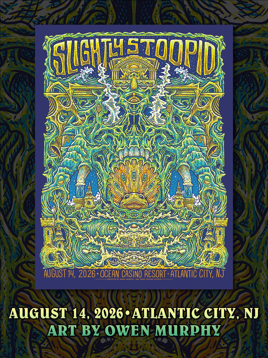 SlightlyStoopid's tweet photo. Road Trippin to the Jersey Shore TONIGHT in Atlantic City Ocean Casino Resort 🚗💨 Stoopid hits at 9:00pm. 

🎨 Show poster by Owen Murphy / One Drop Design Studio. Limited foil and regular prints available at the merch booth.

🎫 Final tickets at https://t.co/E2VbawcT8y https://t.co/pOhAEpoDol