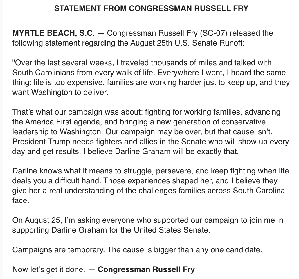 MegKinnardAP's tweet photo. INBOX: Rep. Russell Fry endorses Sen. Darline Graham in SC runoff https://t.co/UmZB7t2f60