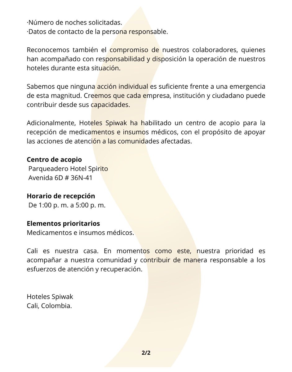 amispiwak's tweet photo. Seguimos recibiendo solicitudes de hospedaje gratuito en Hoteles Spiwak para entidades de rescate, ayuda humanitaria, atención médica, etc. en Cali 

Escríbannos  a ecommercemanager@spiwak.com con copia reservas@spiwak.com con su requerimiento. 

Cali te necesita! https://t.co/dfc3V5oOkd