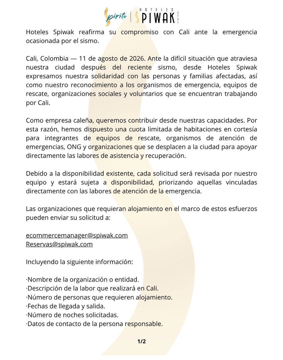 amispiwak's tweet photo. Seguimos recibiendo solicitudes de hospedaje gratuito en Hoteles Spiwak para entidades de rescate, ayuda humanitaria, atención médica, etc. en Cali 

Escríbannos  a ecommercemanager@spiwak.com con copia reservas@spiwak.com con su requerimiento. 

Cali te necesita! https://t.co/dfc3V5oOkd