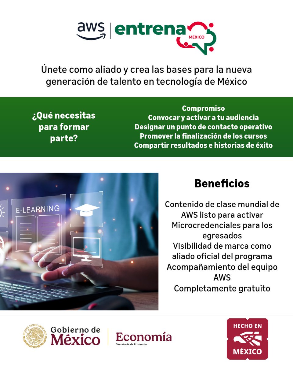 SE_mx's tweet photo. 🤖🌟 Impulsa tus habilidades digitales con capacitación gratuita y en español. 

Si eres parte de una #Mipyme, tienes un emprendimiento, estudias o enseñas, aprende sobre inteligencia artificial y computación en la nube con la SE y AWS. 

🔗 Regístrate https://t.co/rp8bXJxL1c https://t.co/3pMVKfyHkt