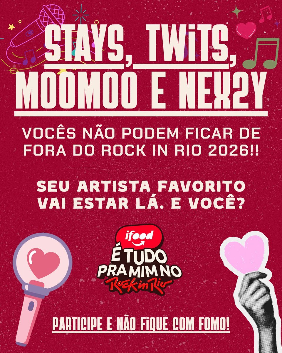 EguaKpop's tweet photo. #Stays, #TWITs, #MooMoo e #NEX2Y, últimos dias para participar e ter a chance de ver seu fav no Rock in Rio 2026

Clique no link, cadastre-se.Pronto! Seus pedidos já geram bilhetes para concorrer: https://t.co/2uTsI5C8Tg

#iFoodNoRockinRio2026 #EuVou #publi @iFood https://t.co/JzjjPLnpZ7