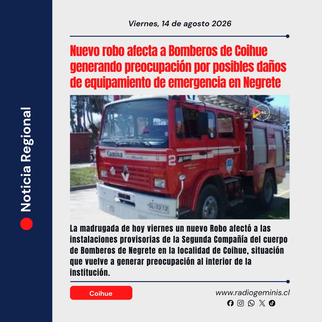 PezoaAncy's tweet photo. https://t.co/sHnlG8jOr9
•[Desde Los Ángeles • Saltos del Laja, Región del Bio Bio chile 🇨🇱]•
🌐 Noticia Regional 
• 📌 Nuevo robo afecta a Bomberos de Coihue generando preocupacion en posibles daños de equipamiento de emergencia en Negrete... https://t.co/C7YzkWCiwN