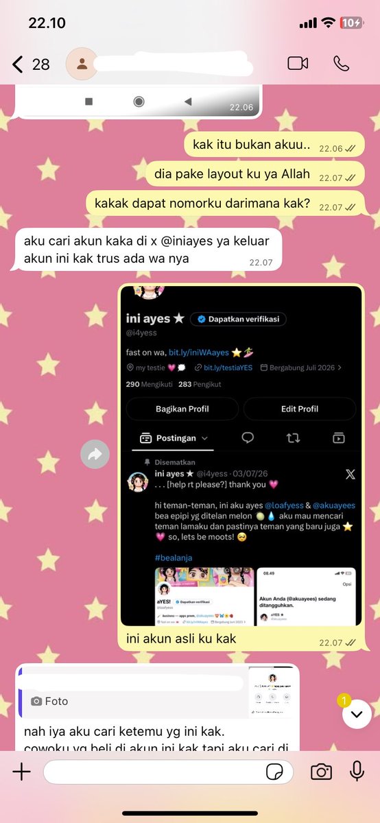 i4yess's tweet photo. [ help rt, tolong.. ] 💔💧

barusan aja, aku habis kena salah alamat garagara ada scammer YANG PAKAI LAYOUT &amp; FOTO PROFILE KU 🥹😭🥲😣 tolong guys tandain, aku akan upload qris dan atas namanya sehabis ini. hati hati ya semuanya 🤍

#bealanja https://t.co/w1rzVJcJvl