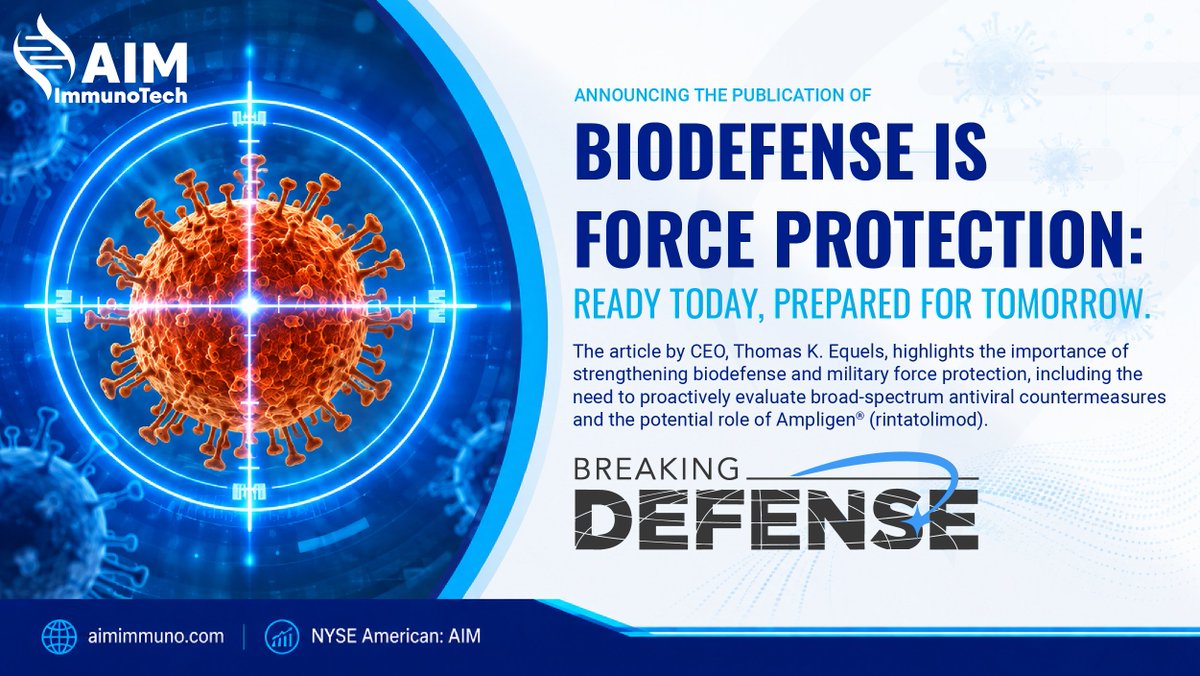 AimImmuno's tweet photo. $AIM ImmunoTech announced the publication of a new Breaking Defense article by CEO Thomas K. Equels highlighting biodefense, military force protection and the potential role of Ampligen® as a broad-spectrum antiviral countermeasure.

Read more: https://t.co/TcaeBYz6LX https://t.co/QUe3lbFUsv