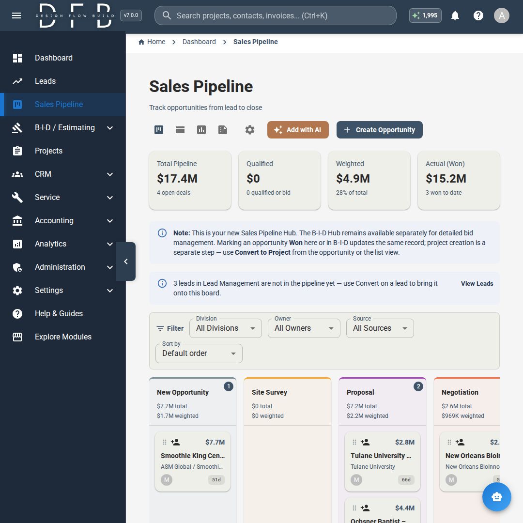 DesignFlowBuild's tweet photo. Your pipeline, readable.

DesignFlow Build tracks opportunities from lead to close, with total and weighted pipeline value at a glance.

#construction #preconstruction

Worth a look: https://t.co/9az75fd4pd
#Preconstruction #ConTech https://t.co/JkcgrzB1Sx
