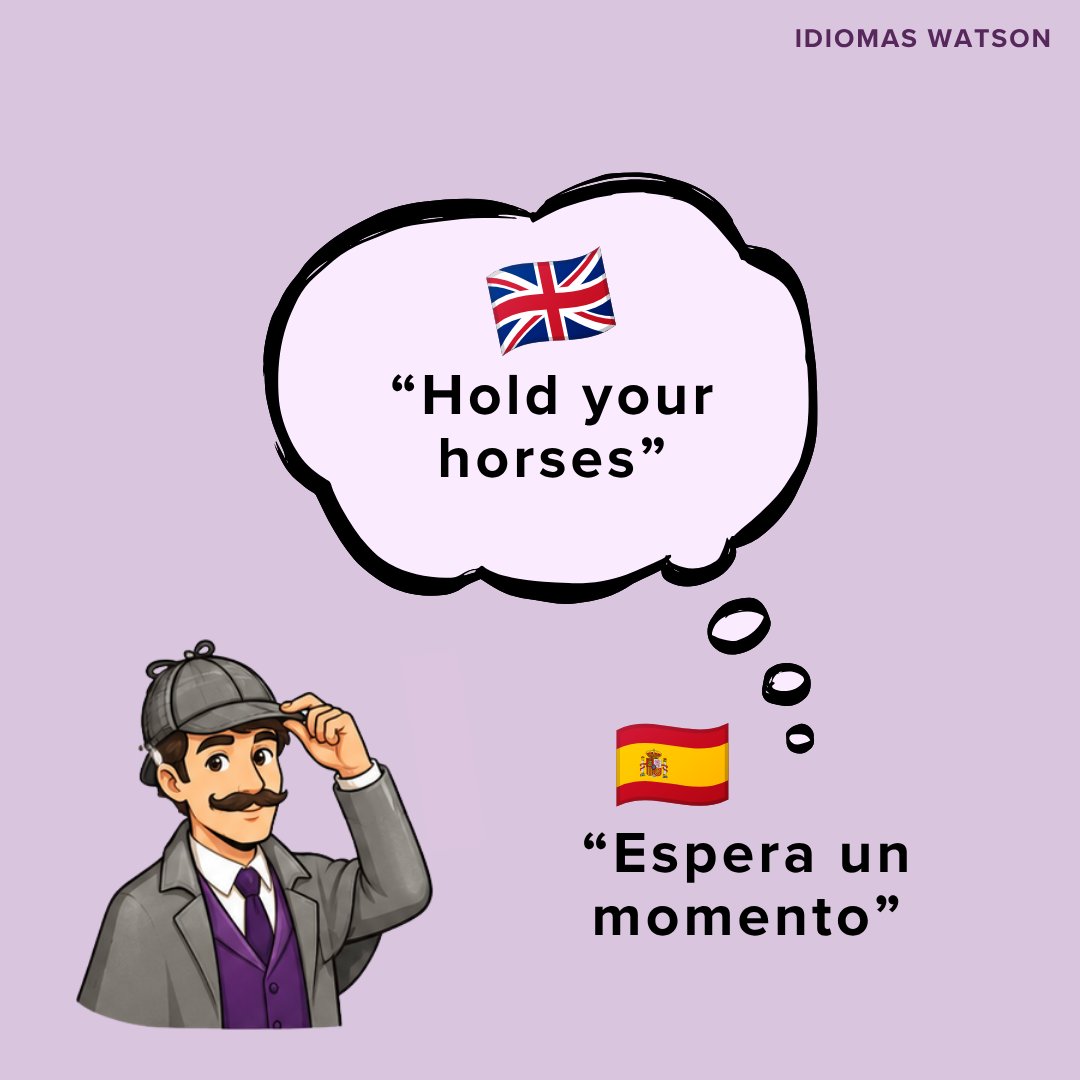 idiomaswatson's tweet photo. 🐴 Si alguien te dice "Hold your horses!"... no hace falta que busques caballos. 😂

En realidad significa algo como:
⏳ ¡Espera un momento!
✋ ¡No tengas tanta prisa!
😌 ¡Tranquilo! https://t.co/6dQxgevZdT