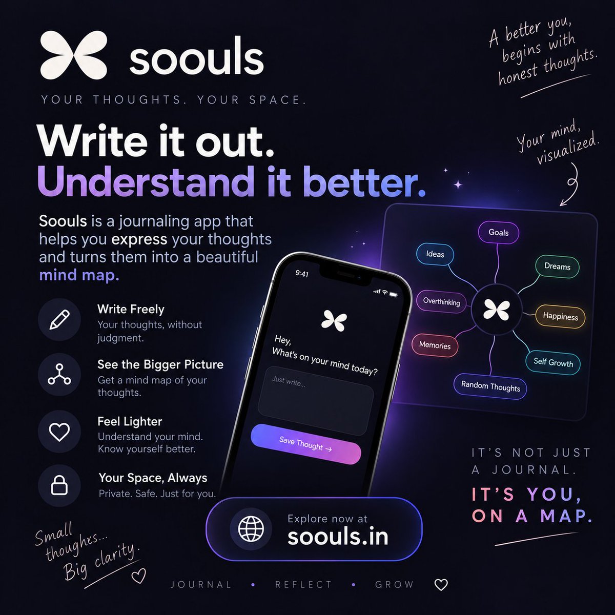 Soouls_in's tweet photo. Write it out. Understand it better. 🧠✨

Journal your thoughts, clear your mind, and turn ideas into a visual mind map.

**Your thoughts. Your space.**
https://t.co/03Kq3K6Z1G

#Soouls #Journaling #MindMap #SelfGrowth https://t.co/GvYLzzrsAh