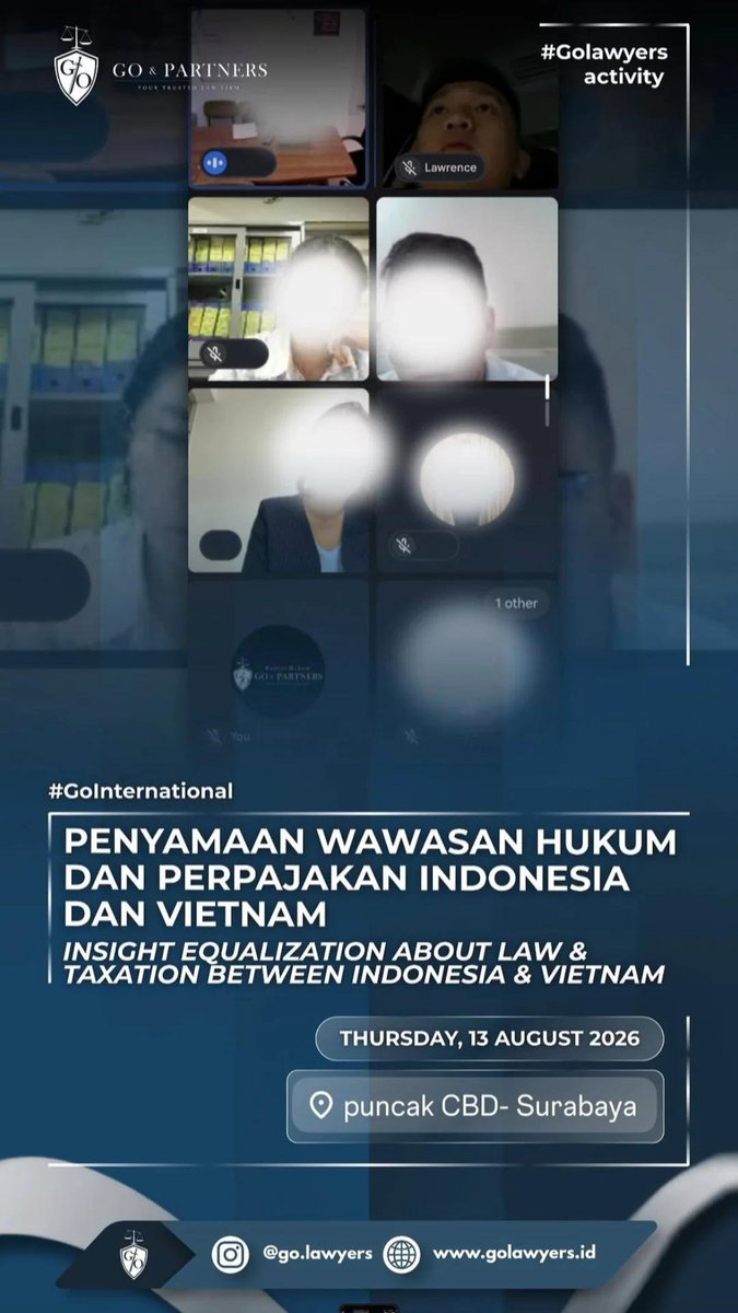 Samuel_Gozaly's tweet photo. Penyamaan Wawasan Hukum dan Perpajakan Indonesia dan Vietnam
Insight Equalization about Law and Taxation between Indonesia and Vietnam

Go &amp; Partners
Law Firm &amp; Business Consultant
Ruko Puncak CBD No.6G-Toll, Wiyung, Surabaya, Indonesia.
https://t.co/SGcFnd1hKd

#LawFirmIndonesia https://t.co/FONUavNbL4