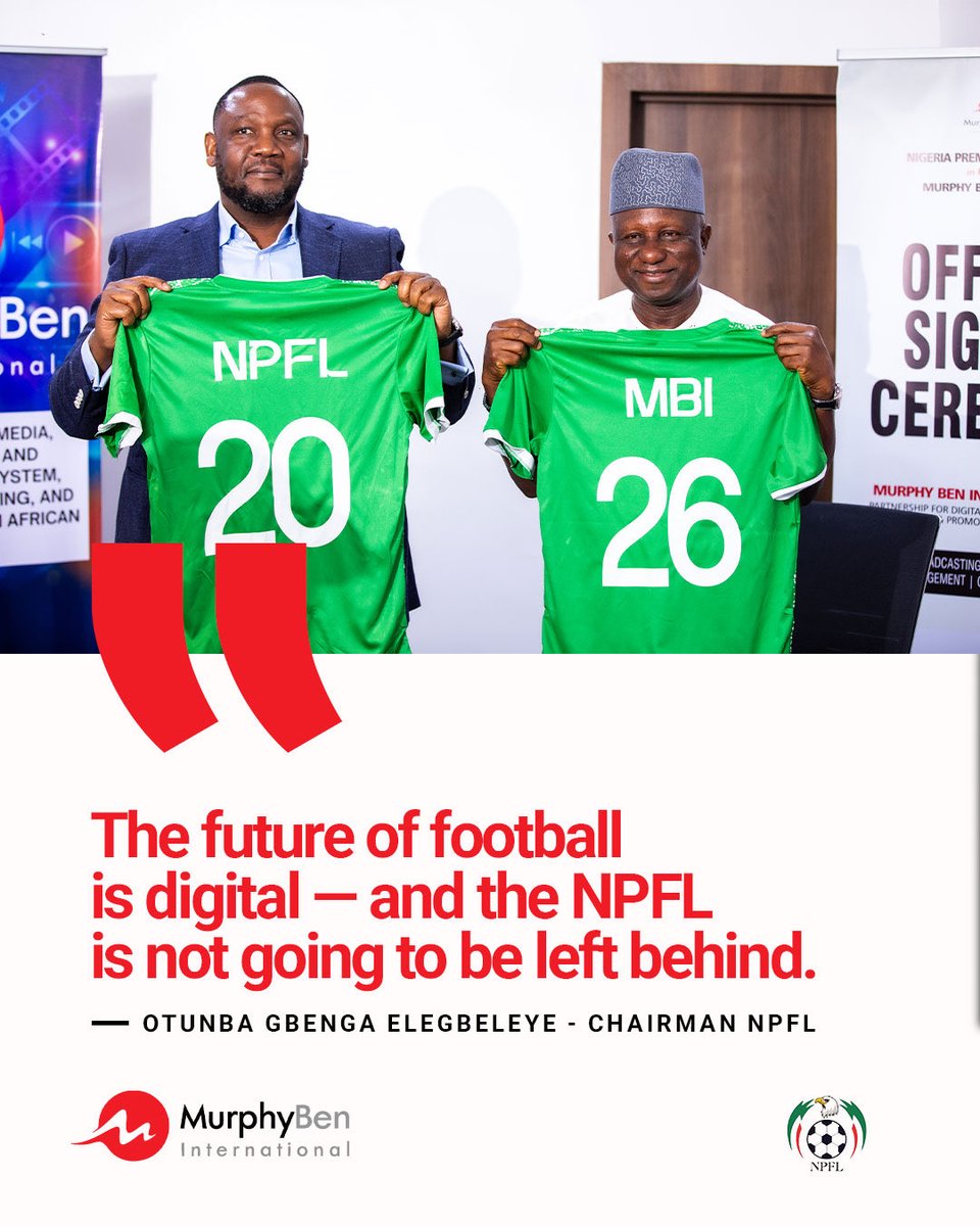MBIgroup247's tweet photo. A new era for Nigerian football is here. The NPFL and Murphy Ben International (MBI) have officially joined forces to bring LIVE NPFL matches, real-time updates and more football content straight to fans on YouTube and social media. https://t.co/uayS4SiXSV