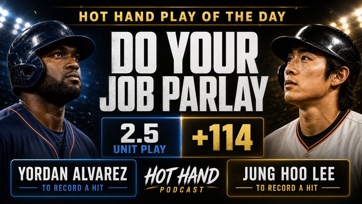 HotHandPod's tweet photo. 🔥 Hot Hand Play of the Day 🔥
DO YOUR JOB PARLAY  

Yordan Alvarez to record a hit  
Jung Hoo Lee to record a hit

+114 | 2.5 UNIT PLAY 💰50% boost on FanDuel 

Two professional hitters. Just do your job. ✅  
#freepicks #sportsbetting #MLBbets https://t.co/wuGZhRpwe5