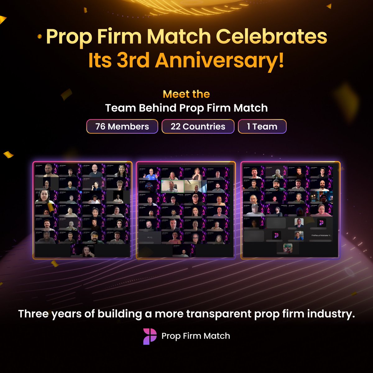 PropFirmMatch's tweet photo. As we celebrate our 3rd year anniversary at Prop Firm Match, we look back and feel proud of how far we’ve grown. 

What started as an idea by founders Martin Jensen and John Ramos, soon grew into an international team of 76 members from 22 countries.

This photo was taken during our team Town Hall yesterday where we celebrated our anniversary and shared team wins. 

We are grateful for all the traders who have put their trust in us as your source for finding trustworthy prop firms and we look forward to many years to come 🎉