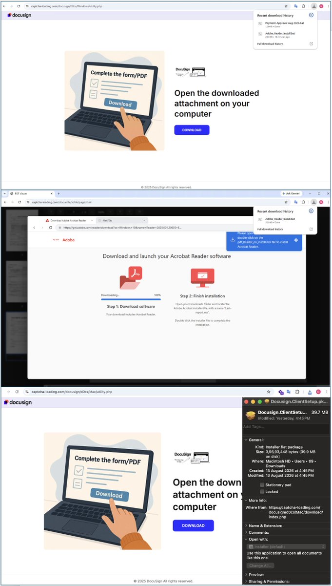 Kb4Threatlabs's tweet photo. PHISH ALERT: DocuSign Lure, Dual Threat: How One Phishing Kit Targets Windows & macOS

KnowBe4 ThreatLabs is tracking a cross-platform RMM deployment campaign impersonating DocuSign’s “Electronic Signature Service” delivering ScreenConnect RMM silently to both Windows and macOS endpoints from a single delivery kit running multiple concurrent lures.

Here is how the threat actors are dropping ConnectWise ScreenConnect RMM on both Windows and macOS:

Initial Access: DocuSign lure redirects victims through short URLs to an OS-fingerprinting CAPTCHA gate.

Real-time Tracking: The landing page pings a Telegram bot to notify the attacker of incoming victims instantly.

OS Fingerprinting & BitB Overlay: JavaScript detects the visitor's platform. On Windows, it serves a Browser-in-the-Browser (BitB) "Adobe Reader Update" overlay to trick users into launching malicious .bat installers. macOS users receive a direct .pkg installer.

Execution: Silent installation scripts leverage hidden PowerShell calls on Windows or direct .pkg execution on Mac to deploy RMM agents, giving attackers remote endpoint access.

Reusable Infrastructure: Open directories reveal sibling folders with various Adobe and DocuSign lures running concurrently—confirming a highly flexible, reusable delivery kit.

IoCs — block/hunt:

captcha-loading[.]com  - Landing Domain
pub-159b5913fbeb442e86754b3a836356bf[.]r2[.]dev - Payload Hosting
pub-9ee8bb8867504e9bb658a187ab29224c[.]r2[.]dev - Payload Hosting
api[.]telegram[.]org/bot8650258937:AAEAHdFRuXkvcEEeRhezk1UulL_kgGMVfzk/sendMessage - Telegram Exfil Endpoint

#KnowBe4ThreatLabs #RMM #ScreenConnect #DocuSign #BitB #Phishing #infosec #cybersecurity
