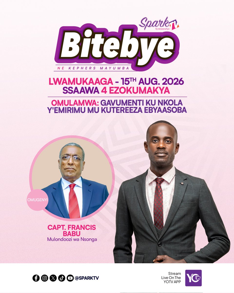 sparktvuganda's tweet photo. Enkya ku #Bitebye, Kephers Mayumba agenda kuba ne Captain Francis Babu nga boogera ku ngeri gav't gyeyinza okutereeza ebyasoba mu nkola yaayo ey'emirimu. https://t.co/wsUhpsN2t2
