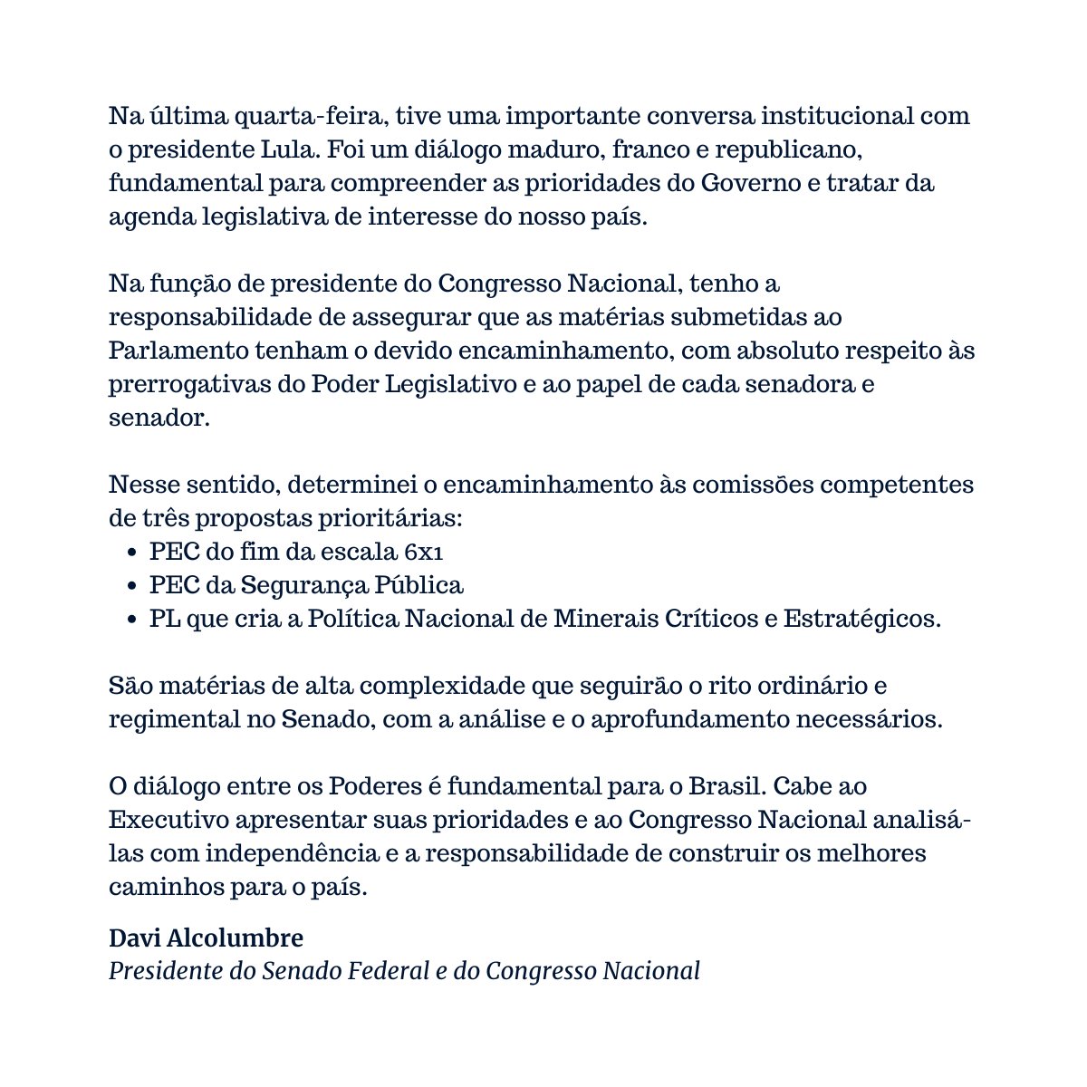 eixopolitico's tweet photo. 🇧🇷 AGORA: Após encontro com Lula, Davi Alcolumbre dá início à tramitação no Senado da PEC que acaba com a escala 6x1. https://t.co/CDkh7P83Uj