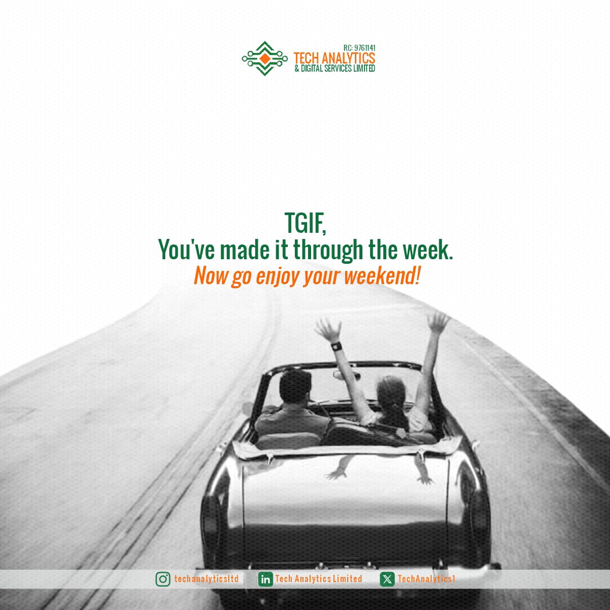 TechAnalytic1's tweet photo. 💨 TGIF!
Hands up, windows down, work stress in the rearview. 😄
You made it through the week, now go enjoy your weekend!

Happy Friday from the TADSL family! 🎉

#TGIF #TechAnalyticsAndDigitalServicesLimited #WeekendVibes #HappyWeekend #TADSL #FridayFeeling #NaijaTech https://t.co/QUyckAx6wF