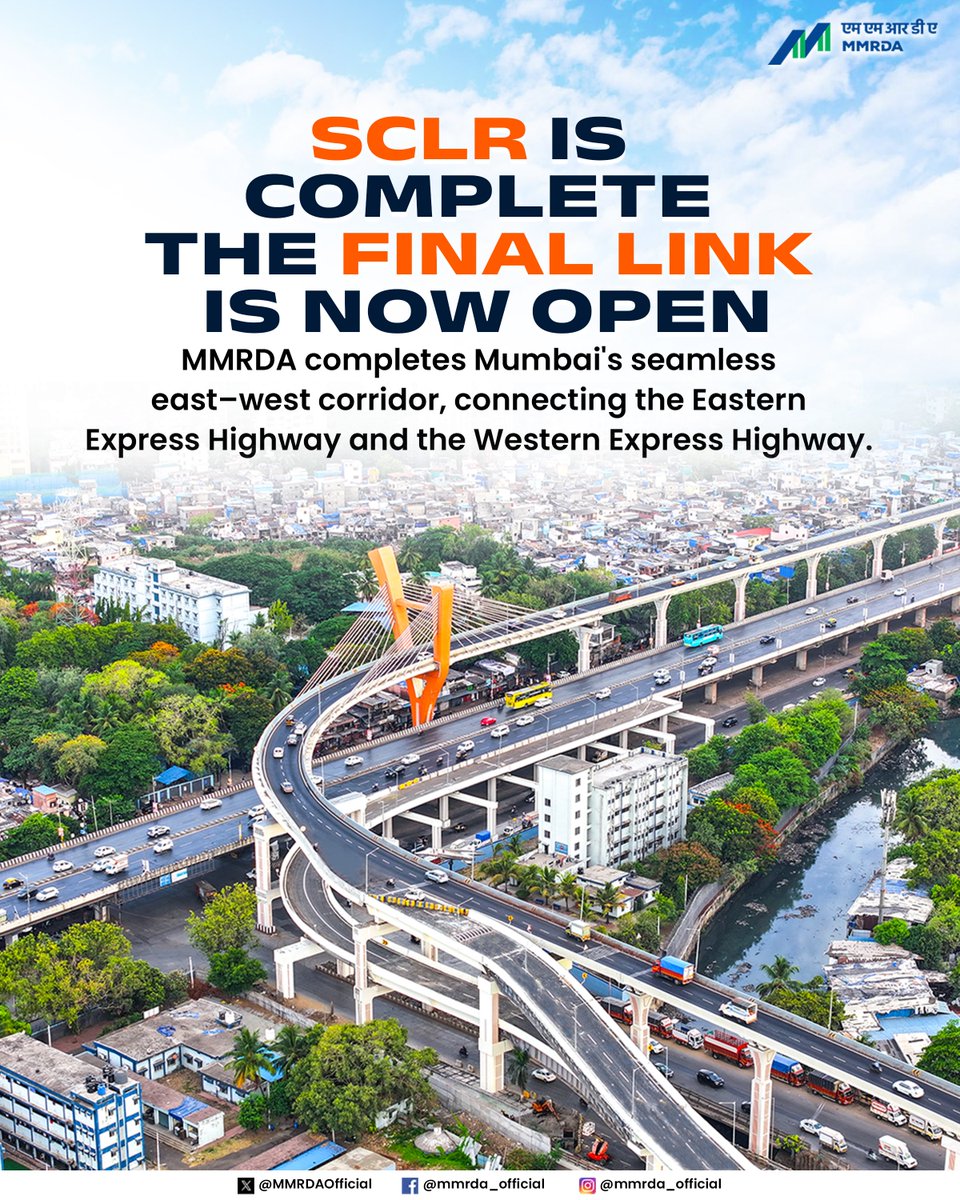 MMRDAOfficial's tweet photo. Mumbai Moves Forward!

One final link. One seamless east–west corridor.

With the opening of the 1.40-km Bharat Nagar Road–Vakola Junction Elevated Corridor, the final link of the Santacruz–Chembur Link Road (SCLR) is now  operational, completing Mumbai’s 10.30-km signal-free SCLR network between the Eastern Express Highway and the Western Express Highway.

Developed under SCLR Extension Phase II, the elevated corridor brings together a network built progressively by MMRDA, creating seamless east–west connectivity across:

EEH → Chembur → Kurla → Kalina → BKC → Mumbai University → Vakola → WEH

The newly opened corridor enables direct two-way connectivity between BKC and WEH, helping motorists bypass key congestion points at Kalina, Vakola and Kalanagar, with travel time on key journeys expected to reduce by up to 35 minutes.

(1/2)