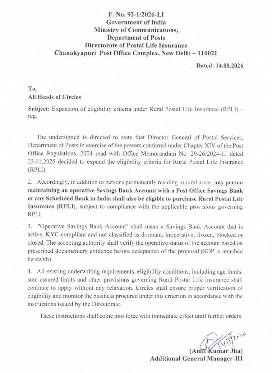 PemmasaniOnX's tweet photo. 🇮🇳 On the eve of India’s Independence Day, India Post takes a great leap towards #InsuranceForAll!

Advancing Hon’ble Prime Minister Shri @narendramodi Ji’s vision of universal insurance coverage, under the leadership of Hon’ble Union Minister for Communications, Shri @JM_Scindia Ji, RPLI is now accessible to a much wider pool of citizens.

With immediate effect, an operative Savings Bank Account with POSB or any Scheduled Bank is now an additional eligibility criterion for Rural Postal Life Insurance (RPLI).

This removes the traditional rural-residence barrier and brings affordable, government-backed life insurance closer to more families.

The process is simpler and more citizen-friendly. Eligibility can be established through CBS status, email statements, mobile banking screenshots, ATM statements or updated passbooks. Where acceptable digital proof is available, no physical bank certificate is required.

@IndiaPostOffice’s ongoing technology upgradation and process modernisation is enabling this expansion, with systems such as the DREAM PLI App, McCamish and CEPT supporting proposal processing, verification and monitoring.

A significant step towards accessible, affordable and citizen-centric insurance—taking #InsuranceForAll to the last mile. 🇮🇳

🇮🇳 స్వాతంత్ర్య దినోత్సవ వేళ ‘ఇన్సూరెన్స్ ఫర్ ఆల్’ దిశగా ఇండియా పోస్ట్ మరో కీలక ముందడుగు!

గౌరవనీయ ప్రధానమంత్రి శ్రీ నరేంద్ర మోదీ గారు కలగన్న అందరికీ బీమా లక్ష్యాన్ని ముందుకు తీసుకెళ్లే దిశగా, గౌరవ కేంద్ర కమ్యూనికేషన్స్ శాఖ మంత్రి శ్రీ జ్యోతిరాదిత్య ఎం. సింధియా గారి నాయకత్వంలో గ్రామీణ పోస్టల్ లైఫ్ ఇన్సూరెన్స్ (RPLI) సేవలను మరింత మంది ప్రజలకు అందుబాటులోకి తీసుకొస్తున్నాం.

ఇకపై POSB లేదా ఏదైనా షెడ్యూల్డ్ బ్యాంకులో యాక్టివ్ సేవింగ్స్ బ్యాంక్ ఖాతా ఉండటం RPLI పొందేందుకు అదనపు అర్హతగా పరిగణించబడుతుంది. దీంతో గ్రామీణ ప్రాంతంలో నివాసం ఉండాలనే పాత పరిమితి తొలగి, మరింత మంది కుటుంబాలకు ప్రభుత్వ మద్దతుతో కూడిన అందుబాటు ధరలో జీవిత బీమా చేరువ కానుంది.

అర్హతను CBS స్టేటస్, ఈ-మెయిల్ స్టేట్‌మెంట్, మొబైల్ బ్యాంకింగ్ స్క్రీన్‌షాట్, ATM స్టేట్‌మెంట్ లేదా అప్‌డేట్ చేసిన పాస్‌బుక్ ద్వారా నిర్ధారించుకోవచ్చు. చెల్లుబాటు అయ్యే డిజిటల్ ఆధారం ఉన్నప్పుడు ప్రత్యేకంగా బ్యాంక్ సర్టిఫికెట్ సమర్పించాల్సిన అవసరం లేదు.

DREAM PLI App, McCamish, CEPT వంటి సాంకేతిక వ్యవస్థల ద్వారా ప్రతిపాదనల ప్రాసెసింగ్, ధృవీకరణ, పర్యవేక్షణను మరింత వేగవంతంగా, సులభంగా మారుస్తున్నాం.

అందుబాటులో ఉండే బీమా... సులభమైన ప్రక్రియ... ప్రతి కుటుంబానికి ఆర్థిక భరోసా.

#InsuranceForAll #IndiaPost #ViksitBharat 🇮🇳