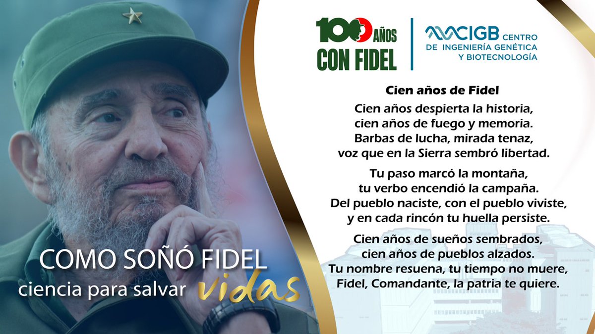CIGBCuba's tweet photo. En homenaje al centenario de #Fidel, compartimos hoy el poema "Cien años de Fidel" inspirado en la obra del Comandante, escrito por uno de nuestros trabajadores.
#CIGB40Años #100AñosConFidel #CienciaCubana #BiotecnologíaCubana #PorUnaSolaSalud #SiemprePorLaVida https://t.co/LYTB7WkRwP