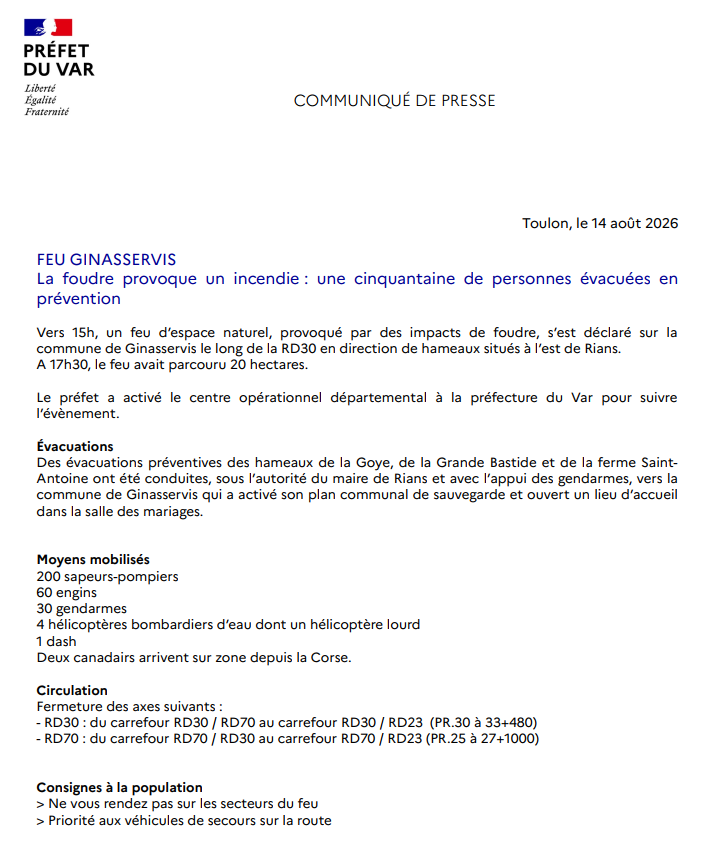 Image de Préfet du Var - #Feu #GINASSERVIS | La foudre a provoqué un incendie sur la commune de Ginasservis.
> Le feu s'est d