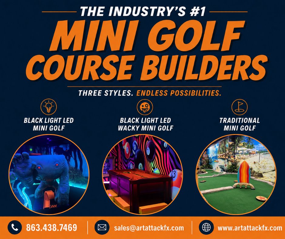 artattackfx's tweet photo. From immersive black light environments and bold, over-the-top wacky designs to timeless traditional courses, Art Attack builds custom mini golf experiences around your space, audience, and vision. Contact us today to get started! #InspireBuildGrow #ArtAttackFX #MiniGolf #FEC https://t.co/u95PvlhIVH