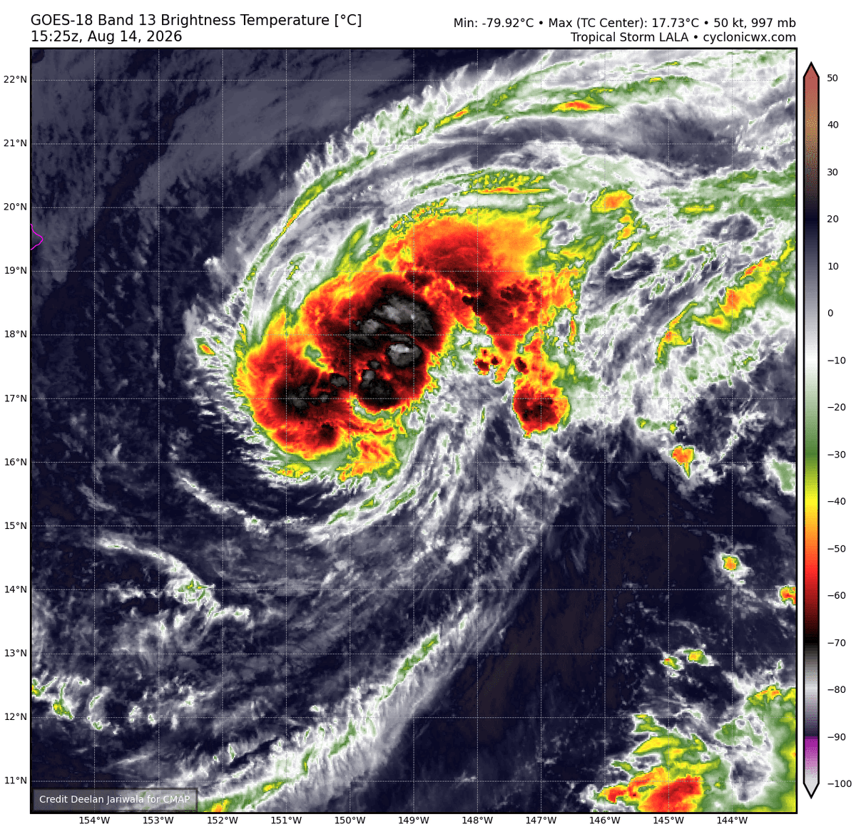 Weather_West's tweet photo. #Lala will strengthen further into hurricane before making close approach (or even direct landfall) on Big Island of Hawaii on Sat. High-impact flood &amp; wind risk given interaction with island's tall/complex volcanic topography. (Strong El Niño events increase HI hurricane risk.) https://t.co/rTL1d6fsBv