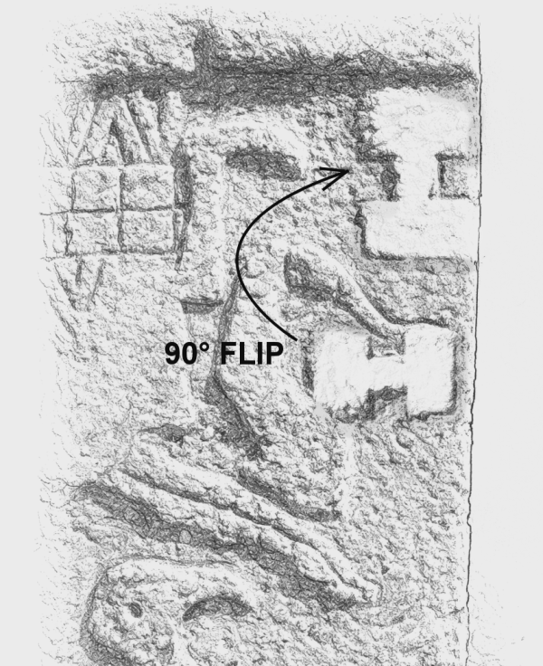 MethuselasMuse's tweet photo. Image 1- @EthicalSkeptic makes a very compelling case in his analysis of Gobekli Tepe that the "H" turned ~90 degrees represents the sun changing the place of its rising ~90 degrees. 

That they should be used to mark the rising of the sun in inferred from their prominence "sighting stones" which included a narrow pinhole, constraining the view to a small point on the horizon, image credit again to @EthicalSkeptic 

The third image is from Bolivia, the "H" blocks used at Puma Punku, an ECDO Np' aligned site. Curious that.
