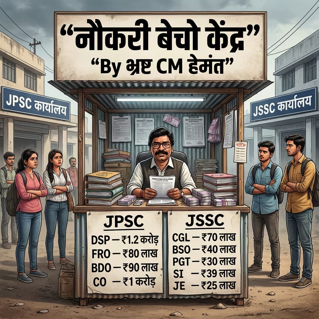 BJP4Jharkhand's tweet photo. JPSC-JSSC के आड़ में नौकरी बेचो केंद्र चला रहे हैं घोटालेबाज CM @HemantSorenJMM 

#HemantMustResign https://t.co/3Iqz5pVc3m
