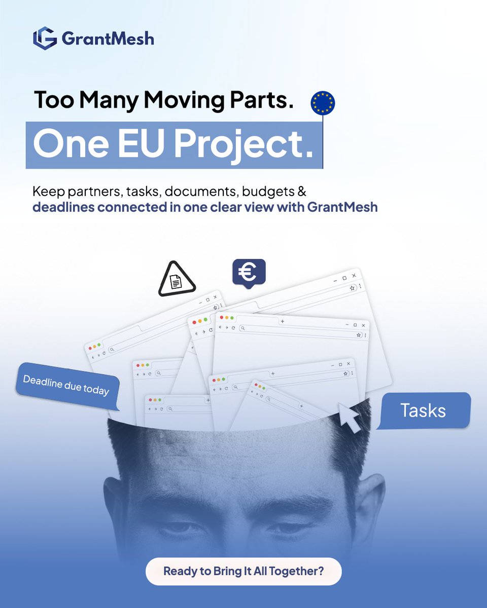 GrantMesh's tweet photo. Too many moving parts in your EU project? 

Keep partners, tasks, documents, budgets &amp; deadlines connected in one clear view with GrantMesh.

Less chasing. More clarity. Better project management. 

#GrantMesh #EUProjects #ProjectManagement #EUFunding https://t.co/FYc5wbfo9t