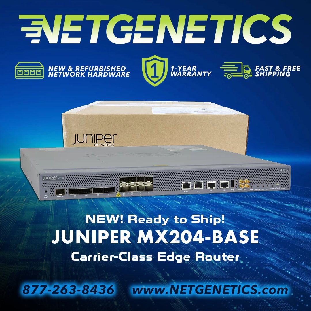 GeneticsNet's tweet photo. NEW Juniper MX204-HW-BASE
https://t.co/PInTH7QXrs

Power your network with the Juniper MX204 Universal Routing Platform — a compact, high-performance router built for demanding enterprise, service provider, and data center environments.

⚡ MX204-HW-BASE Highlights:
• Up to 400 Gbps system throughput
• 4 × 100GbE QSFP28 ports
• 8 × 10GbE SFP+ ports
• Compact 1RU form factor
• High-performance Trio chipset architecture
• Advanced routing, MPLS & automation capabilities
• Designed for edge, aggregation, peering & data center applications
• Powered by Juniper Junos OS

📦 Condition: NEW
🔥 In Stock & Ready to Ship

Upgrade your network infrastructure with carrier-class Juniper performance without sacrificing rack space.

#Juniper #MX204 #MX204HWBASE #JuniperNetworks #Networking #NetworkHardware #Router #EnterpriseNetworking #DataCenter #ServiceProvider #MPLS #100GbE #NetworkInfrastructure #Netgenetics